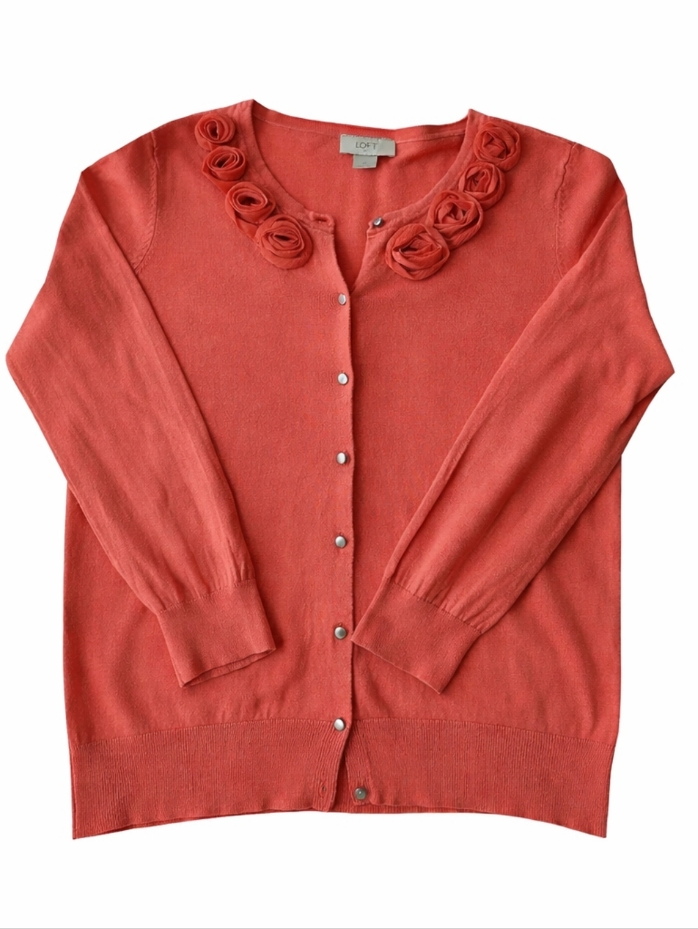 LOFT Rosette Neck Cardigan Coral 3/4 Sleeve Size M